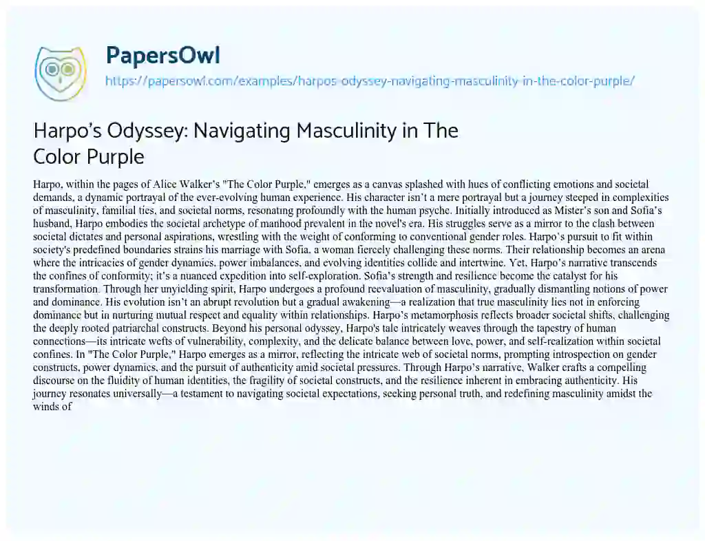 Essay on Harpo’s Odyssey: Navigating Masculinity in the Color Purple