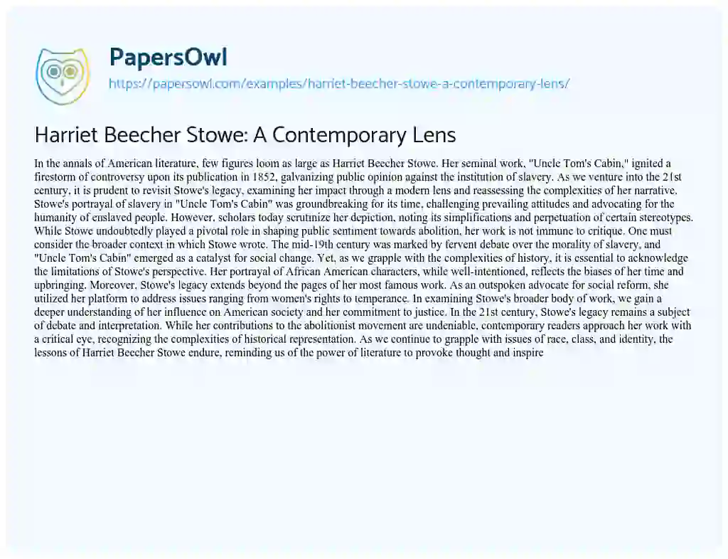 Essay on Harriet Beecher Stowe: a Contemporary Lens