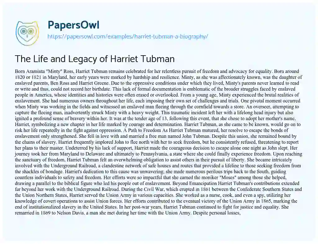 Essay on Harriet Tubman: a Biography