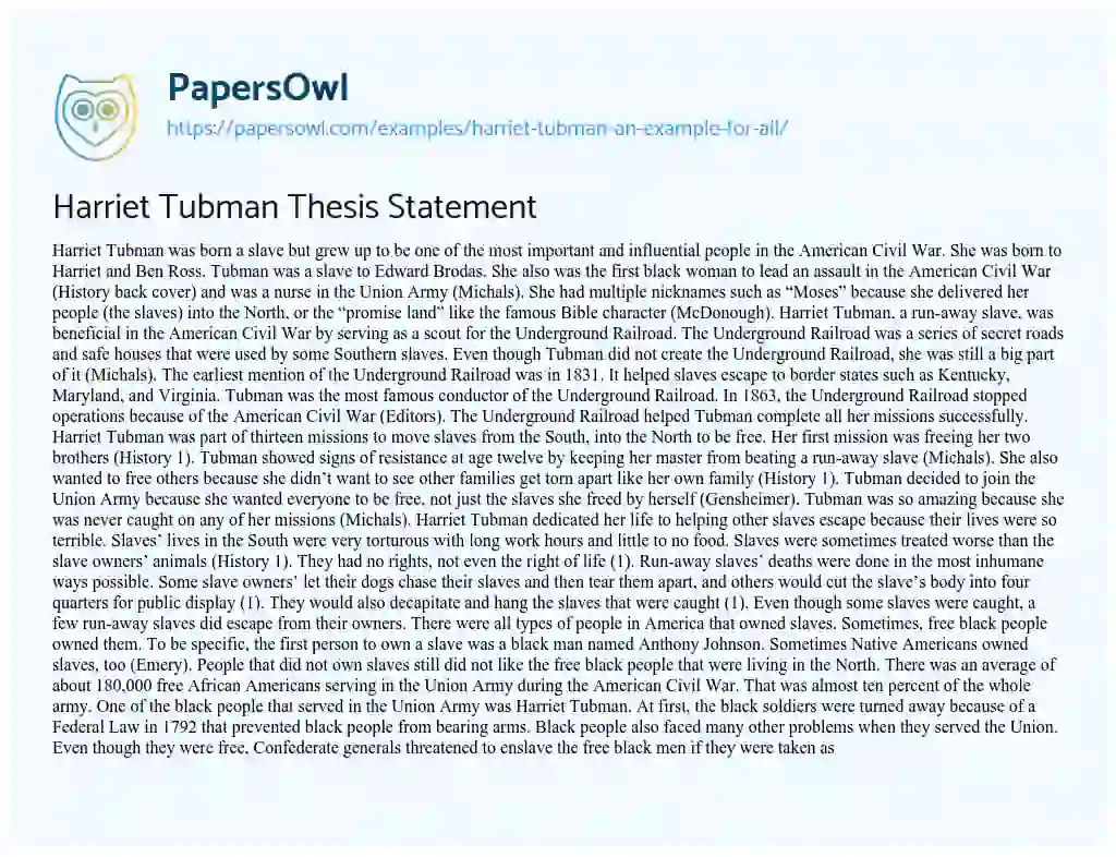 Essay on Harriet Tubman Thesis Statement