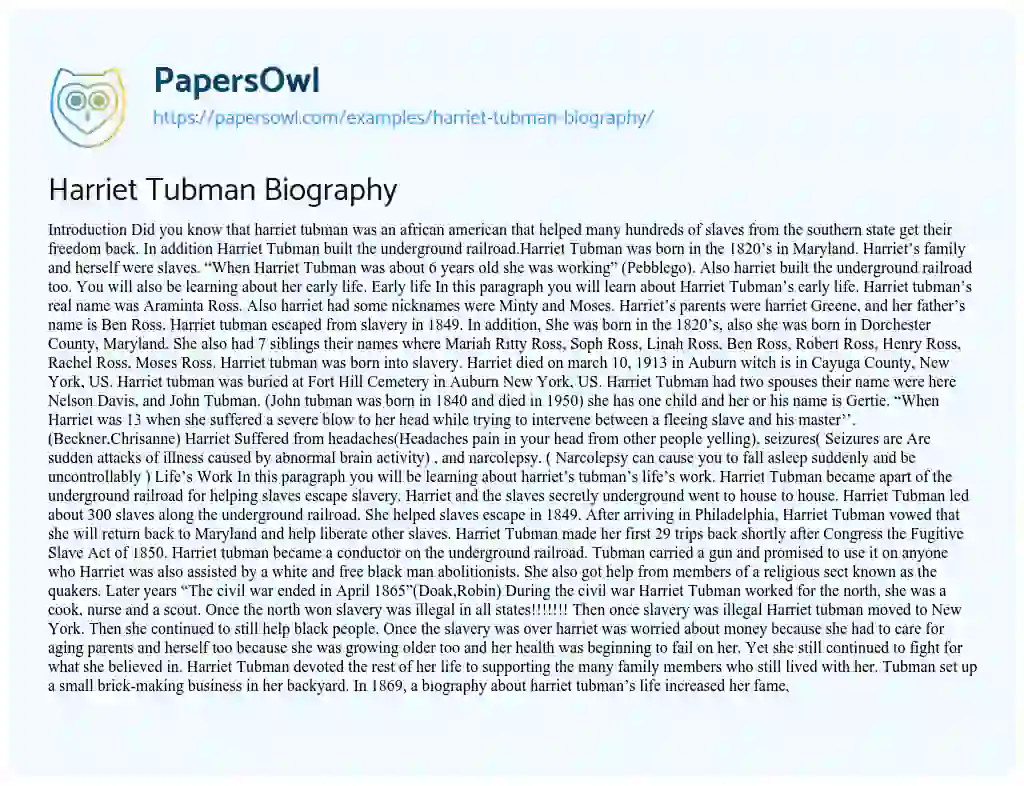 Harriet Tubman Biography essay