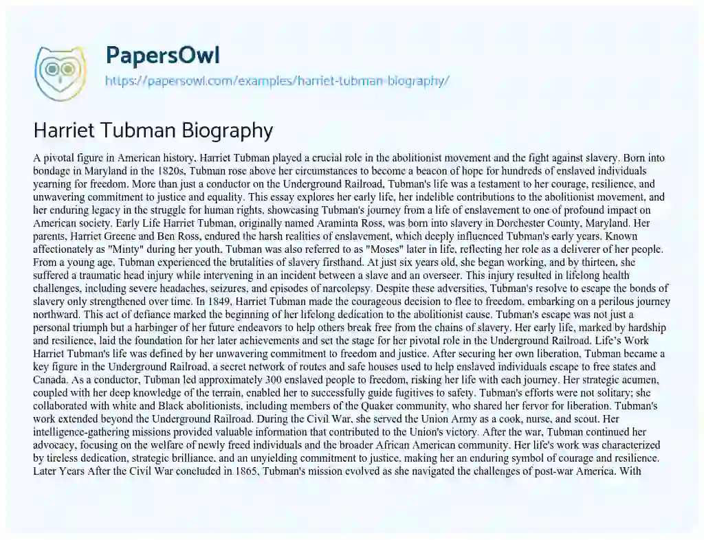 Essay on Harriet Tubman Biography