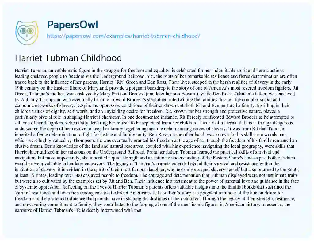 Essay on Harriet Tubman Childhood