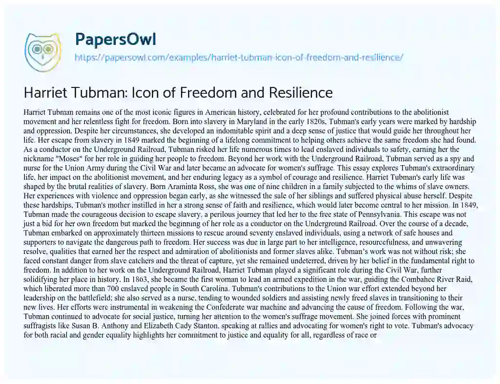 Essay on Harriet Tubman: Icon of Freedom and Resilience