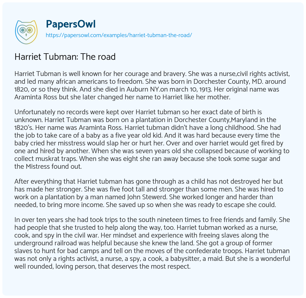 Harriet Tubman: the Road Harriet Tubman: the Road essay