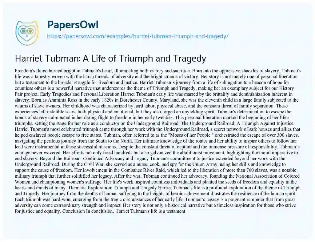 Essay on Harriet Tubman: Triumph and Tragedy