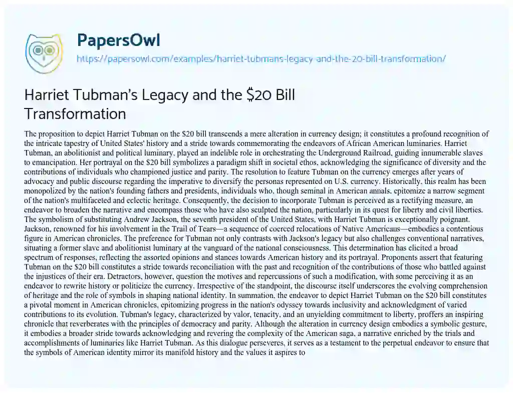 Essay on Harriet Tubman’s Legacy and the $20 Bill Transformation