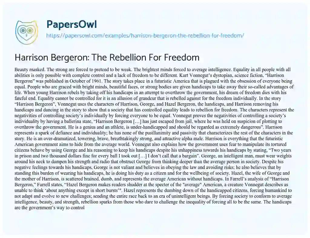 Essay on Harrison Bergeron: the Rebellion for Freedom