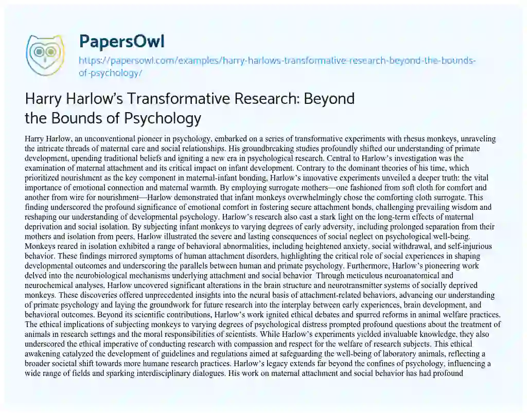 Essay on Harry Harlow’s Transformative Research: Beyond the Bounds of Psychology