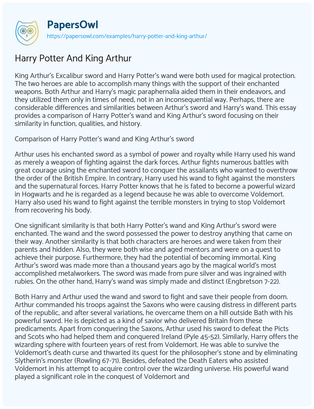 Essay on Harry Potter and King Arthur