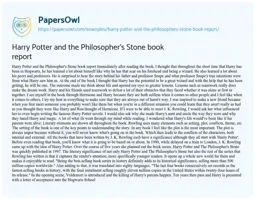 Essay on Harry Potter and the Philosopher’s Stone Book Report