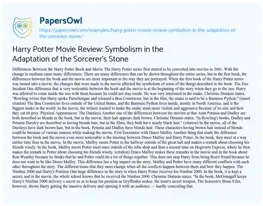 Essay on Harry Potter Movie Review: Symbolism in the Adaptation of the Sorcerer’s Stone