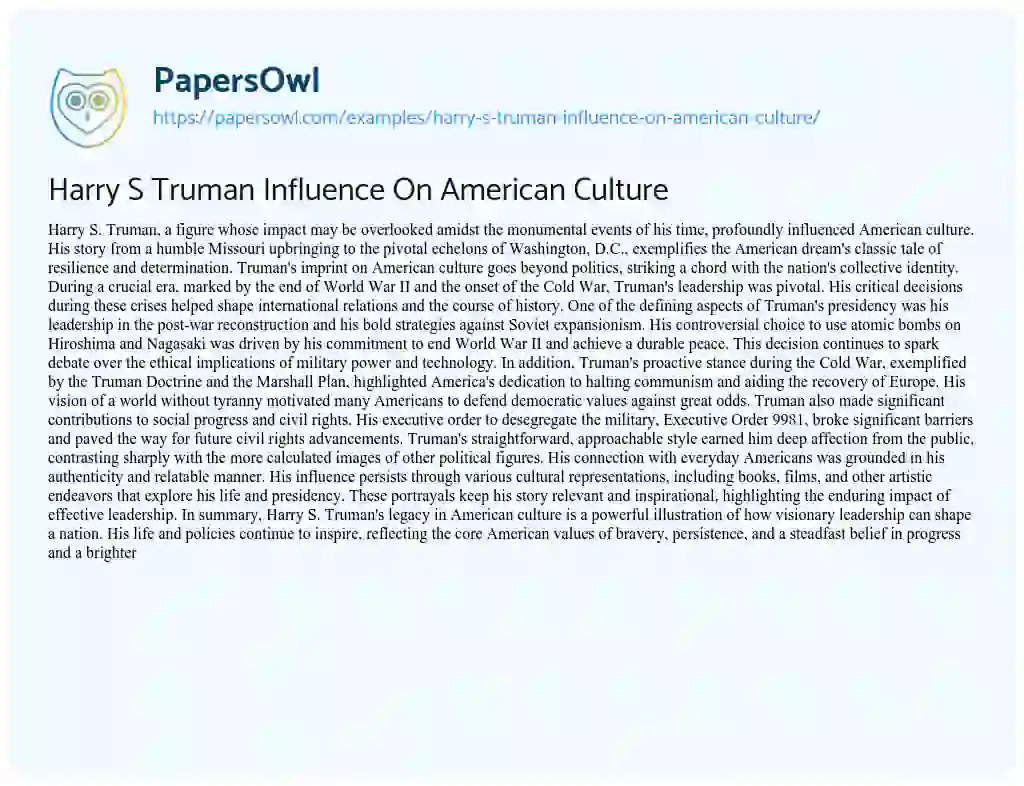 Essay on Harry S Truman Influence on American Culture
