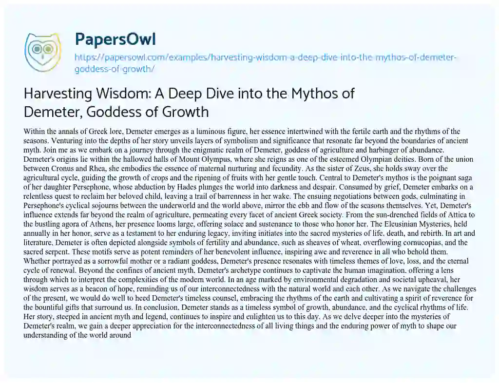 Essay on Harvesting Wisdom: a Deep Dive into the Mythos of Demeter, Goddess of Growth