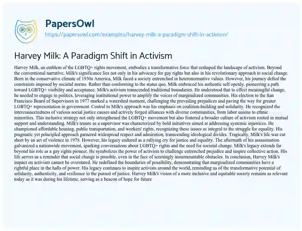Essay on Harvey Milk: a Paradigm Shift in Activism