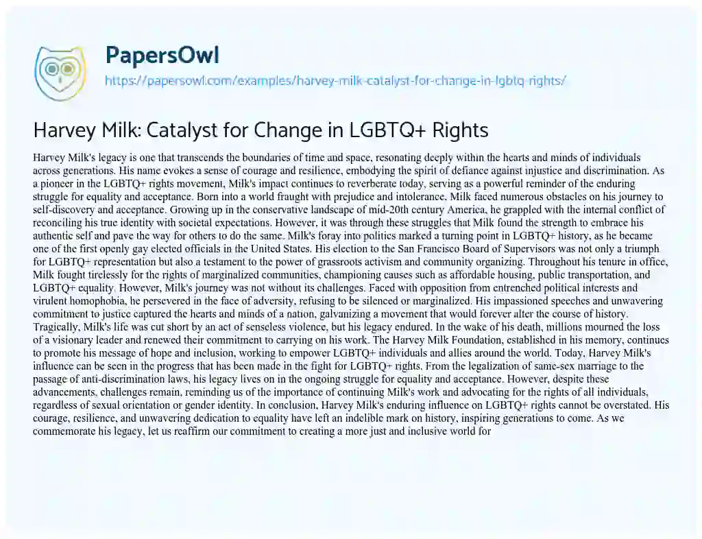 Essay on Harvey Milk: Catalyst for Change in LGBTQ+ Rights