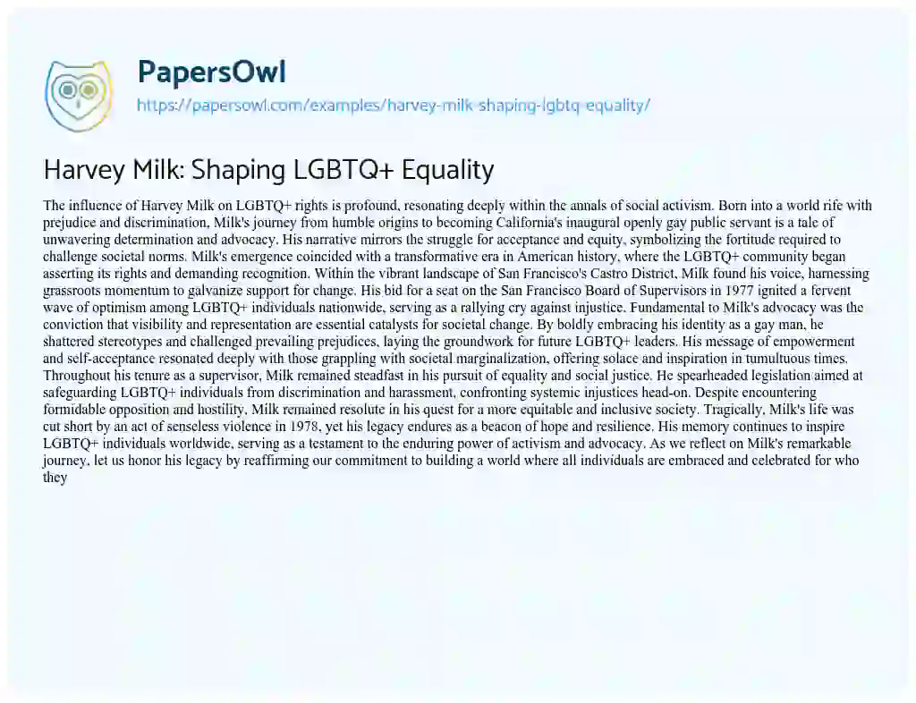 Essay on Harvey Milk: Shaping LGBTQ+ Equality