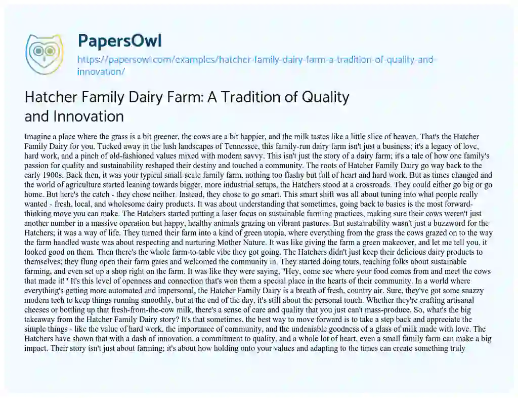 Essay on Hatcher Family Dairy Farm: a Tradition of Quality and Innovation