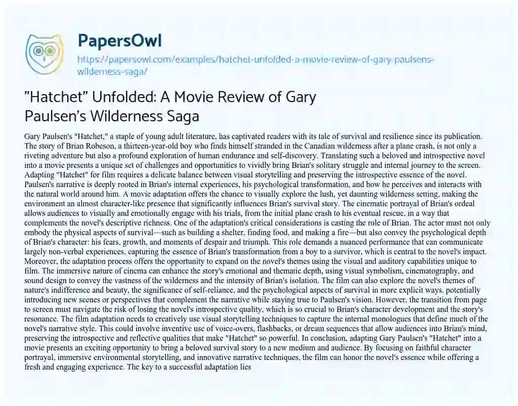 Essay on “Hatchet” Unfolded: a Movie Review of Gary Paulsen’s Wilderness Saga