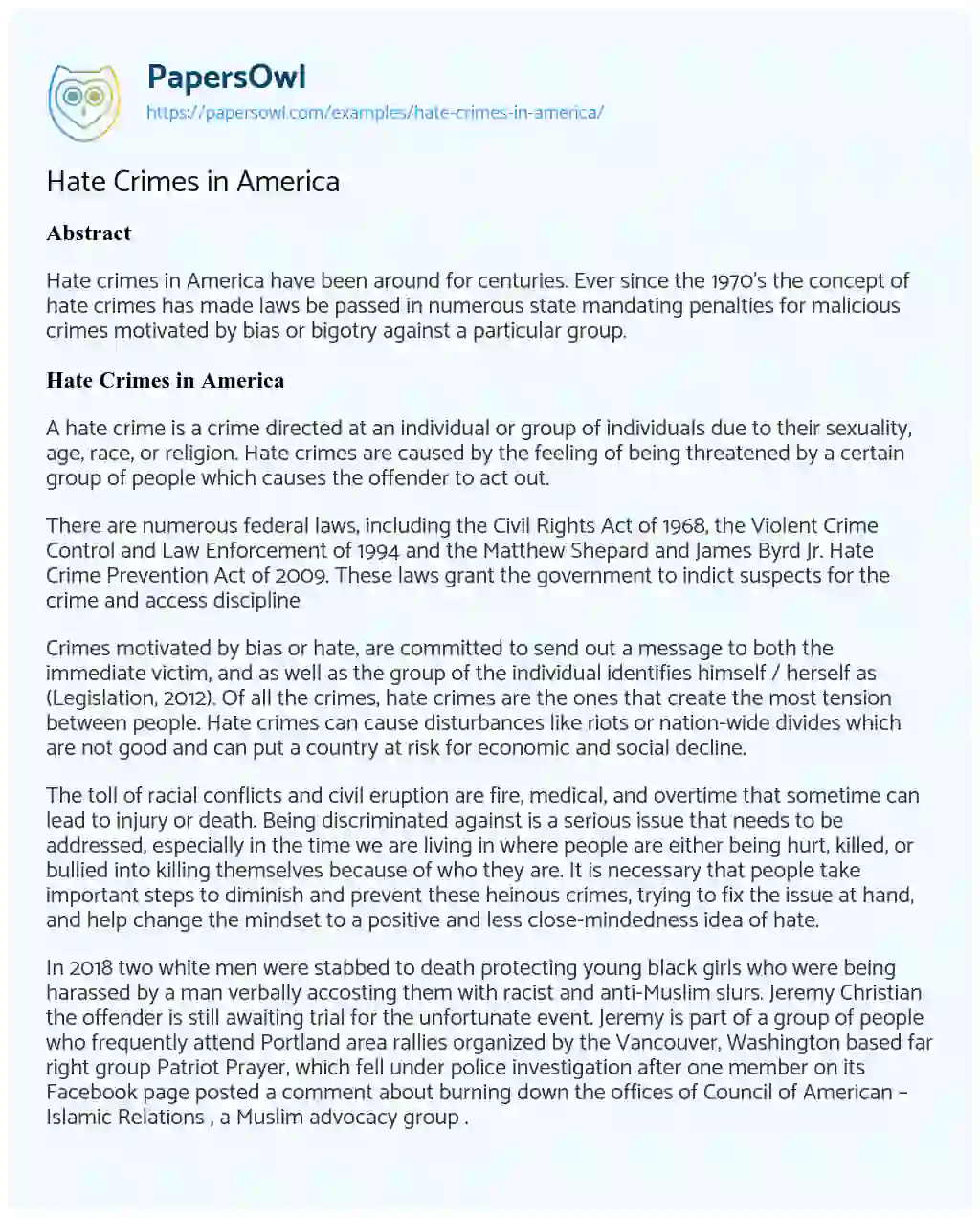 Essay on Hate Crimes in America