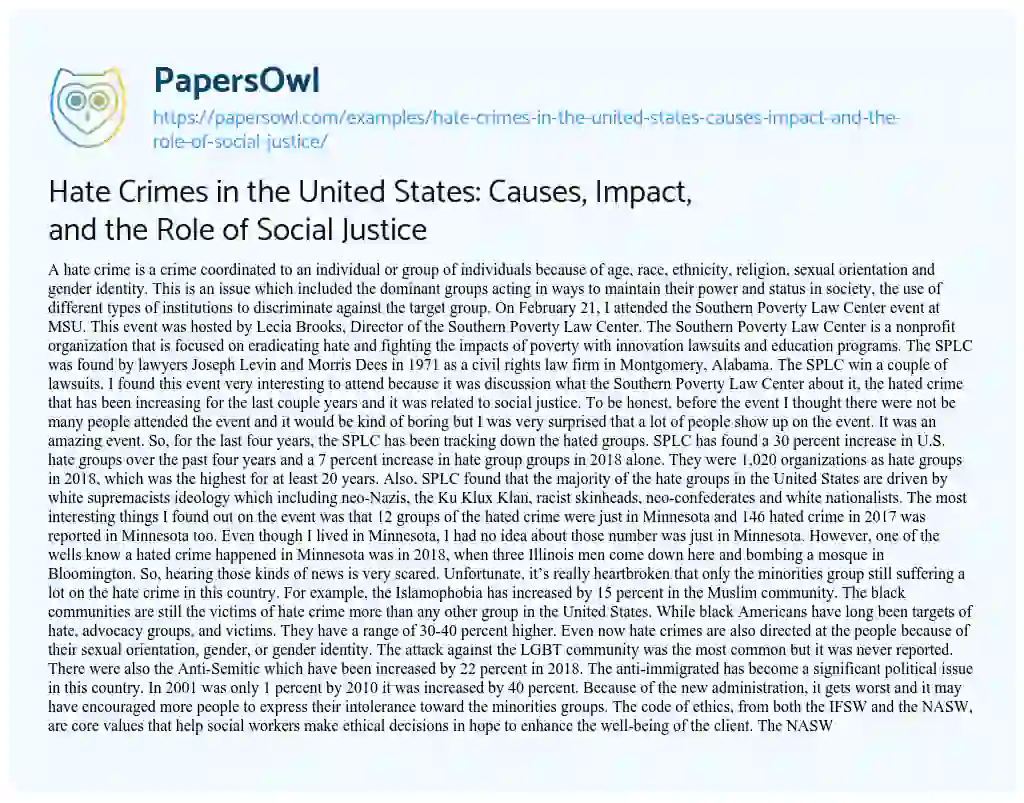 Essay on Hate Crimes in the United States: Causes, Impact, and the Role of Social Justice