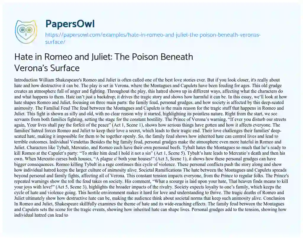 Essay on Hate in Romeo and Juliet: the Poison Beneath Verona’s Surface