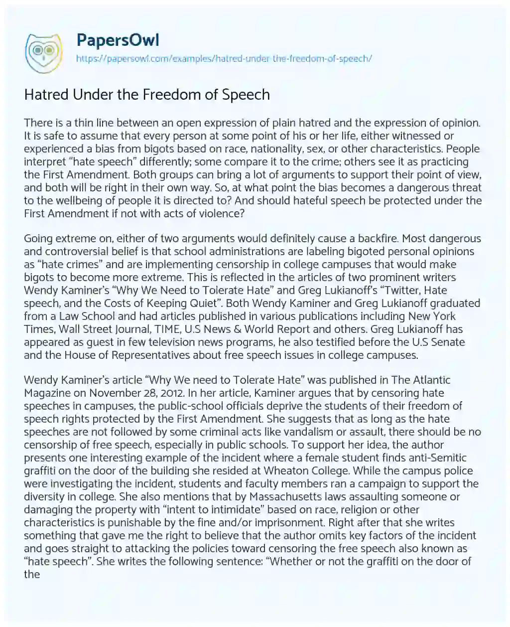 Essay on Hatred under the Freedom of Speech
