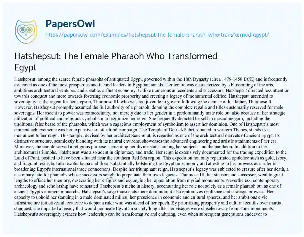 Essay on Hatshepsut: the Female Pharaoh who Transformed Egypt