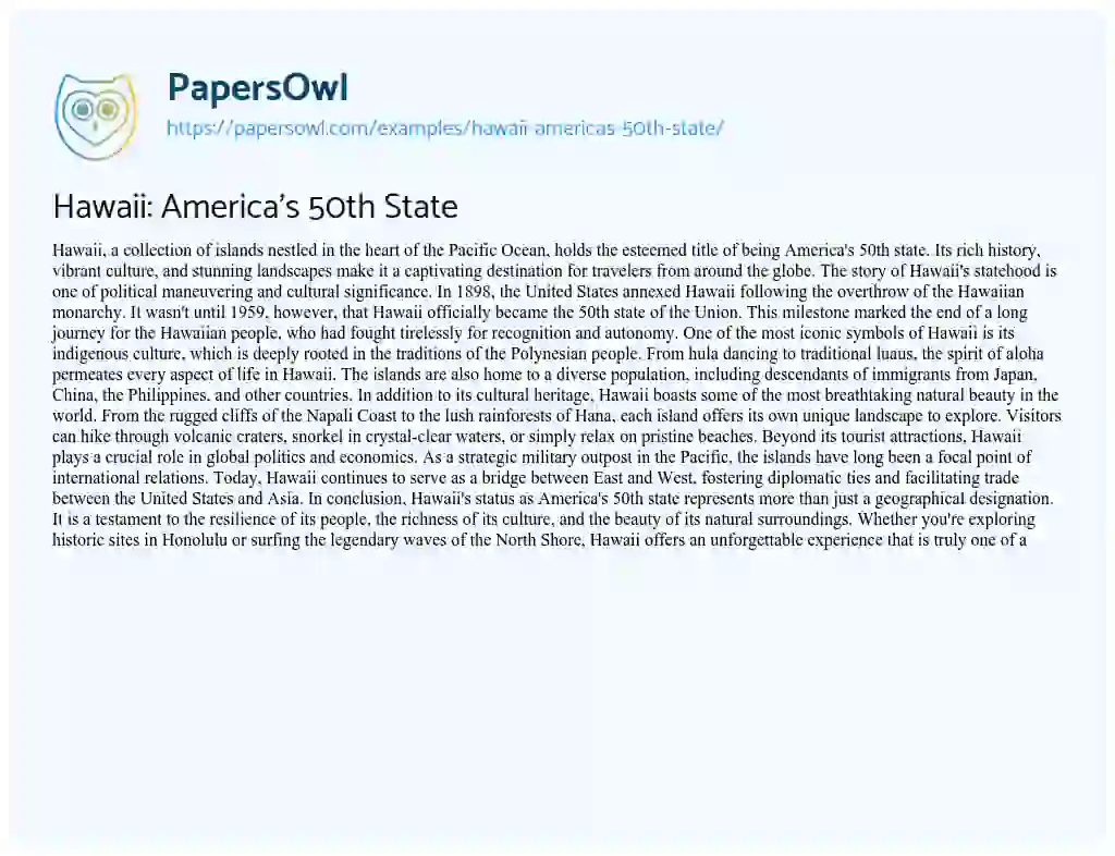 Essay on Hawaii: America’s 50th State