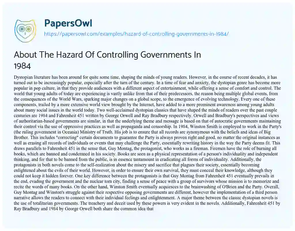 Essay on About the Hazard of Controlling Governments in 1984
