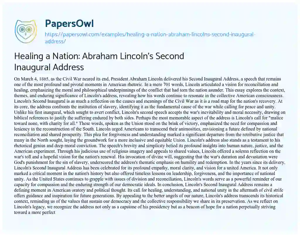Essay on Healing a Nation: Abraham Lincoln’s Second Inaugural Address