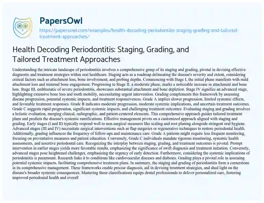Essay on Health Decoding Periodontitis: Staging, Grading, and Tailored Treatment Approaches