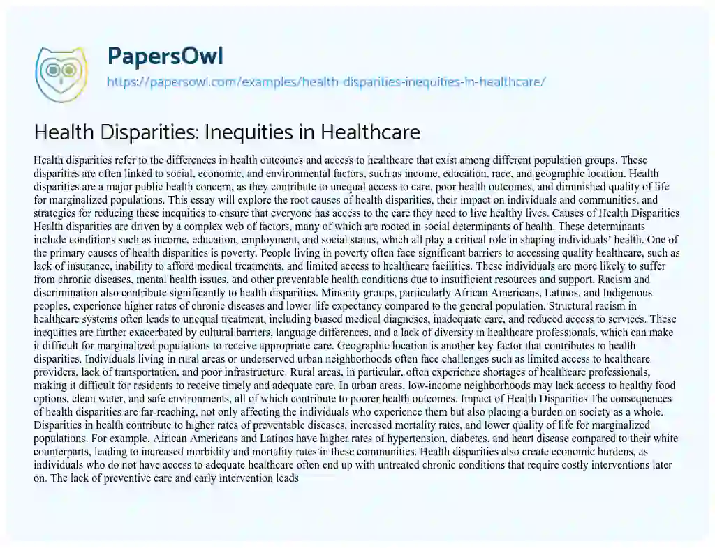 Essay on Health Disparities: Inequities in Healthcare