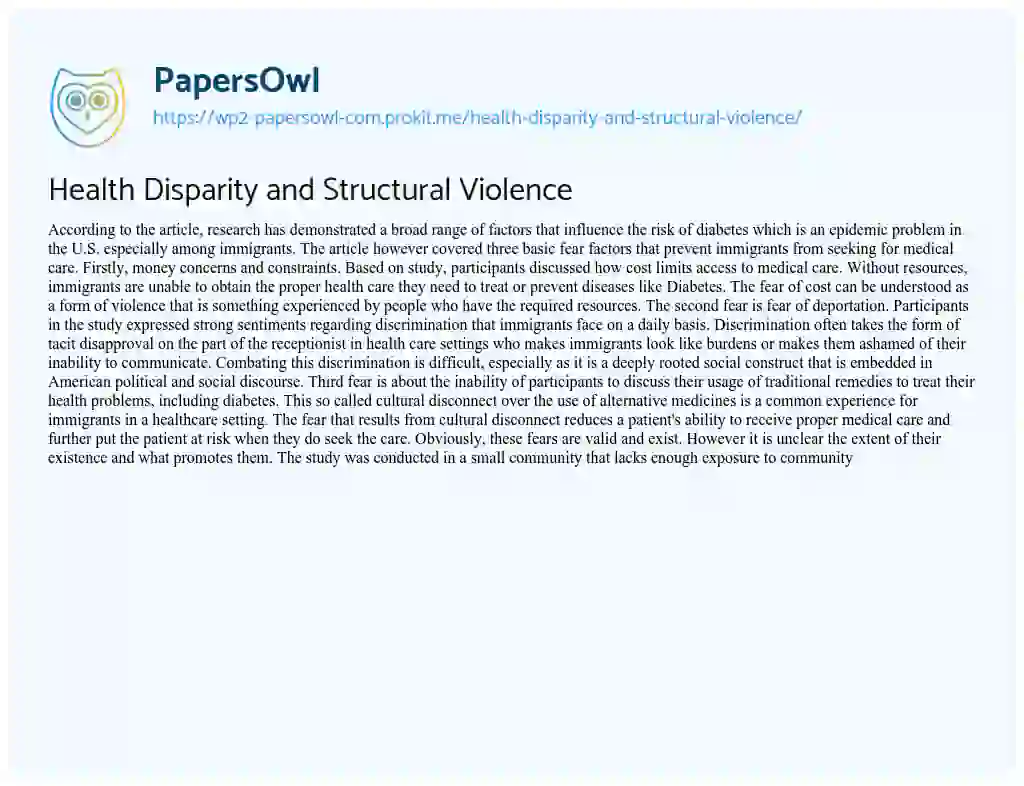 Essay on Health Disparity and Structural Violence