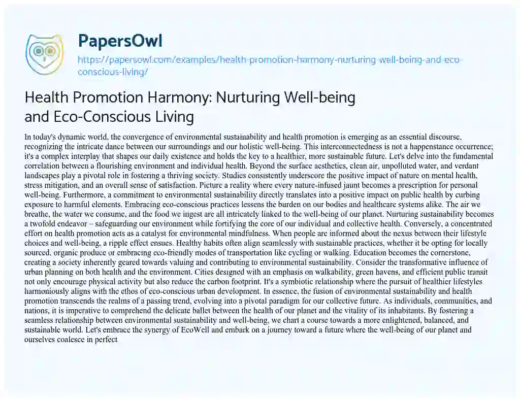 Essay on Health Promotion Harmony: Nurturing Well-being and Eco-Conscious Living