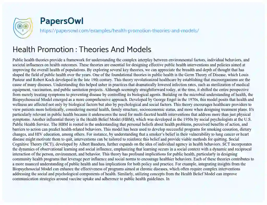 Essay on Health Promotion : Theories and Models