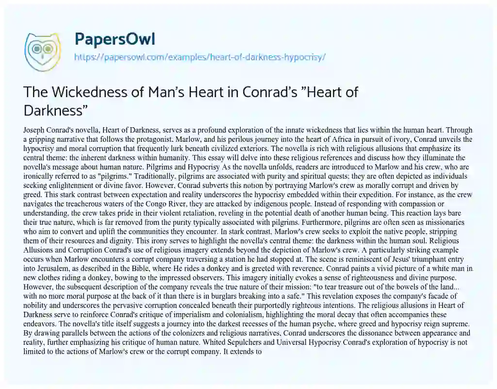 Essay on The Wickedness of Man’s Heart in Conrad’s “Heart of Darkness”