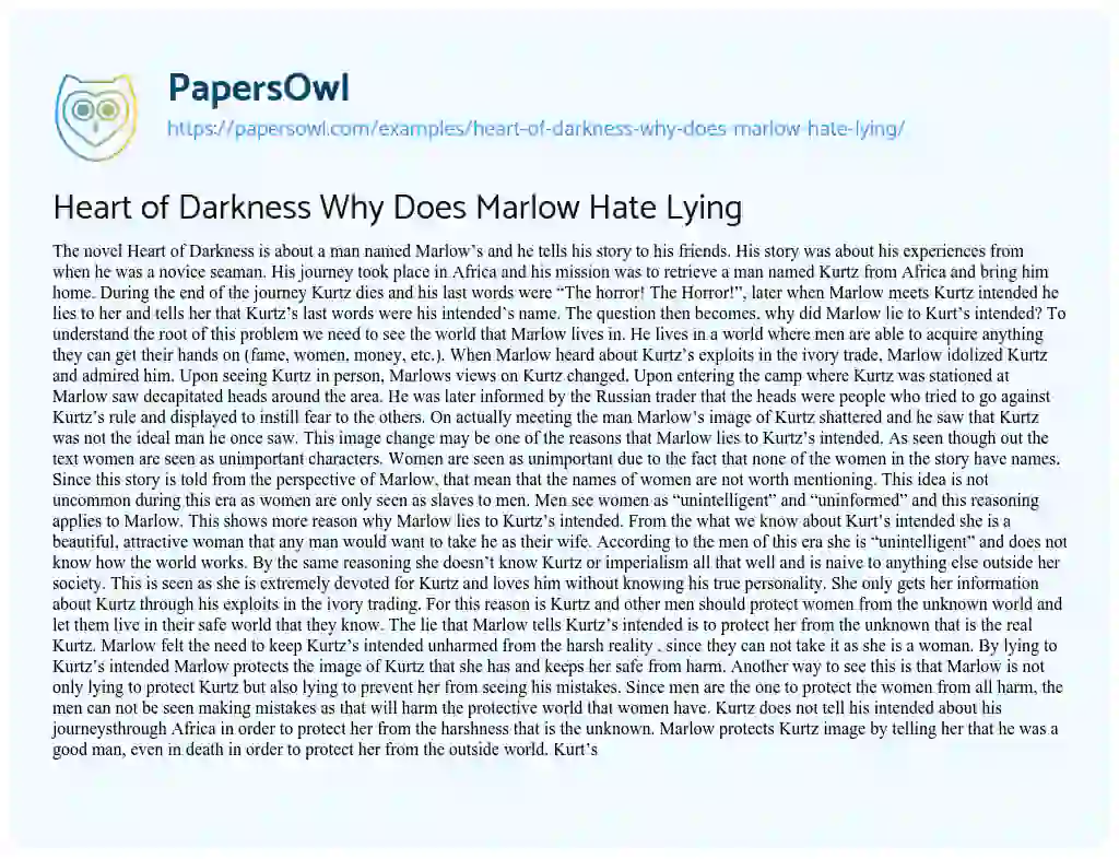 Heart of Darkness why does Marlow Hate Lying essay