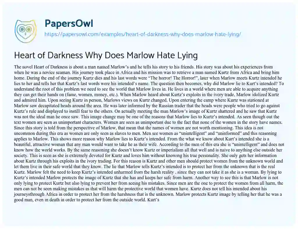 Essay on Heart of Darkness why does Marlow Hate Lying