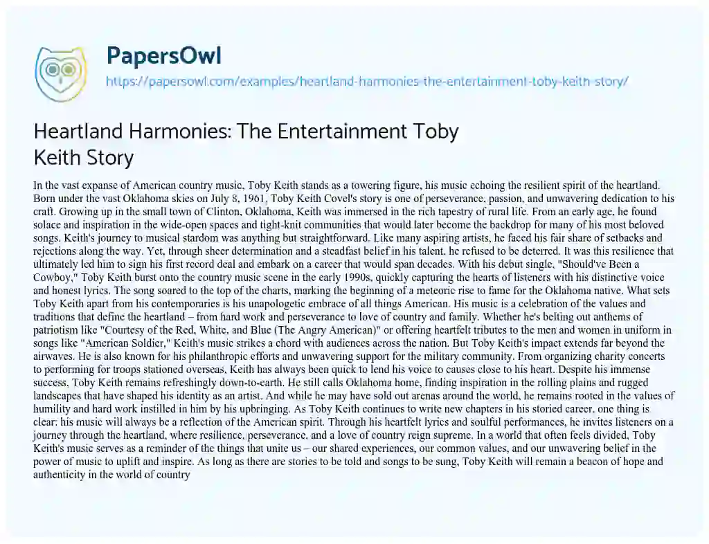 Essay on Heartland Harmonies: the Entertainment Toby Keith Story