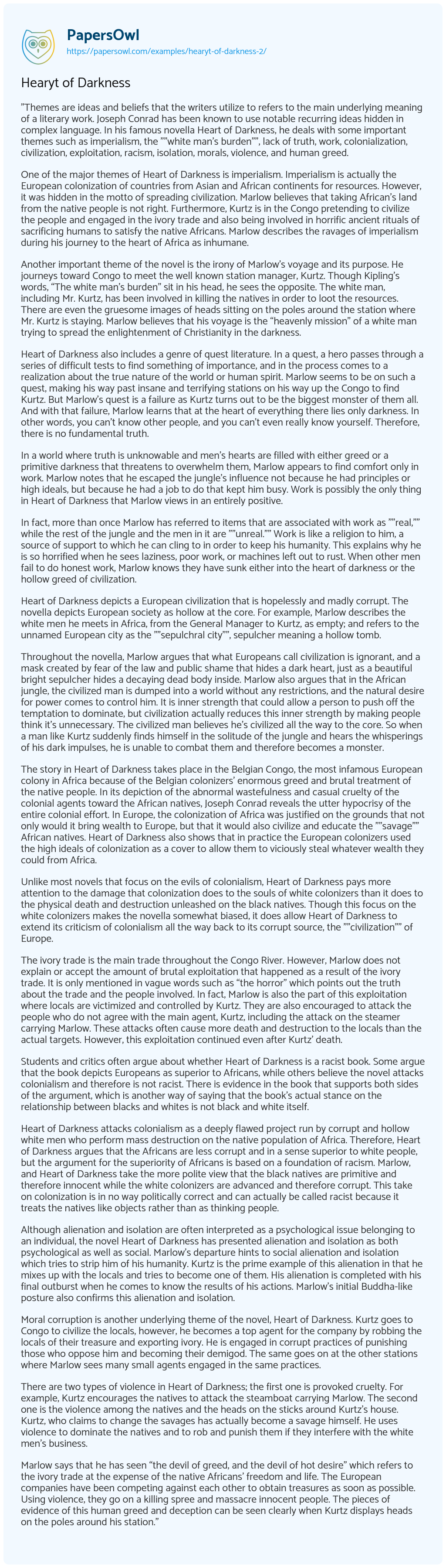 Hearyt of Darkness Hearyt of Darkness essay