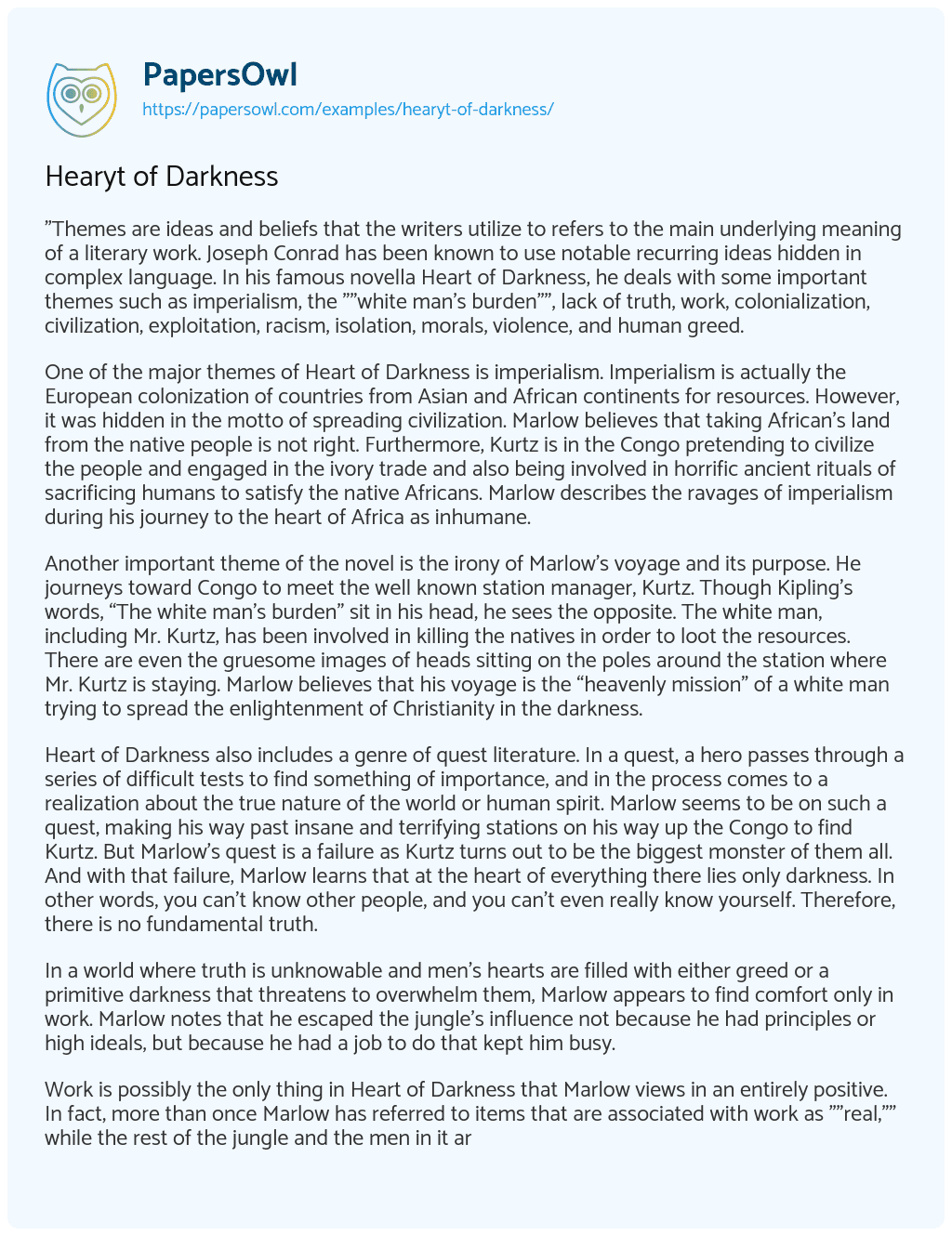Hearyt of Darkness Hearyt of Darkness essay