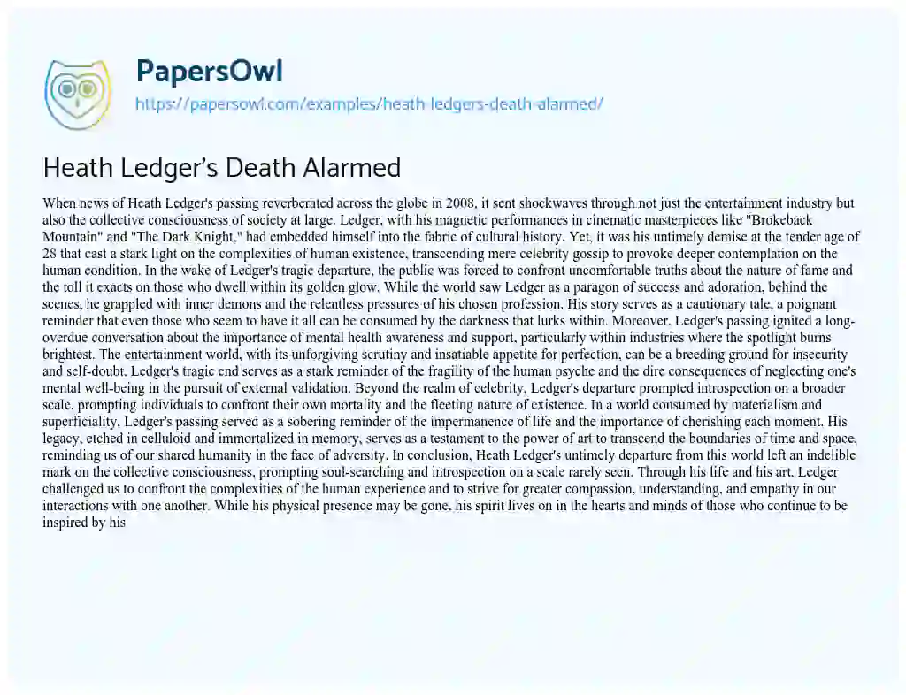 Essay on Heath Ledger’s Death Alarmed