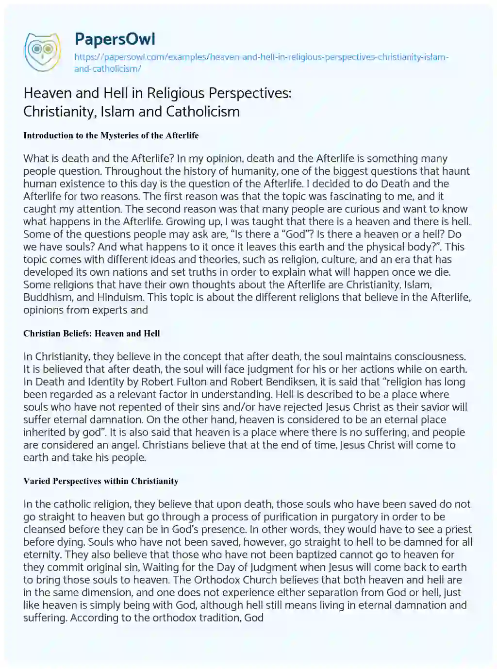 Essay on Heaven and Hell in Religious Perspectives: Christianity, Islam and Catholicism