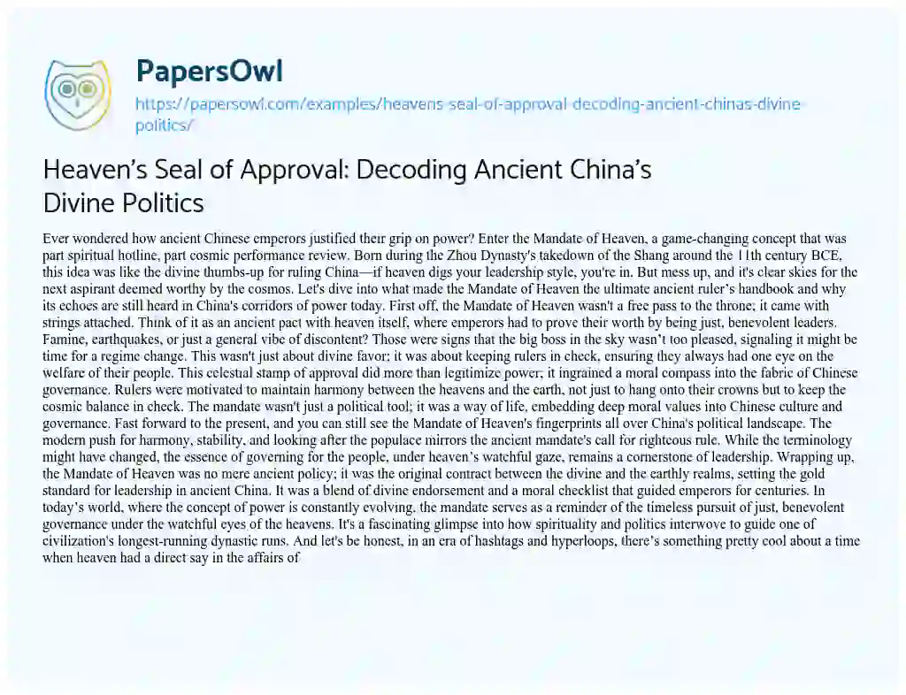 Essay on Heaven’s Seal of Approval: Decoding Ancient China’s Divine Politics