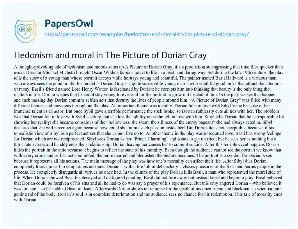 Essay on Hedonism and Moral in the Picture of Dorian Gray