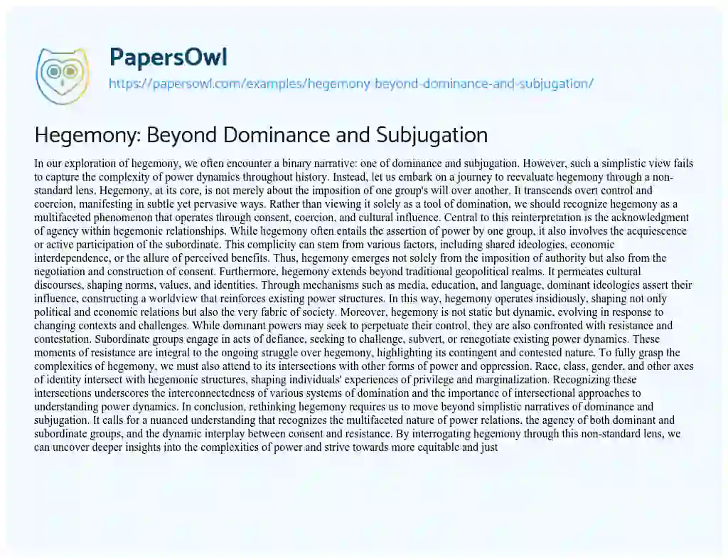 Essay on Hegemony: Beyond Dominance and Subjugation