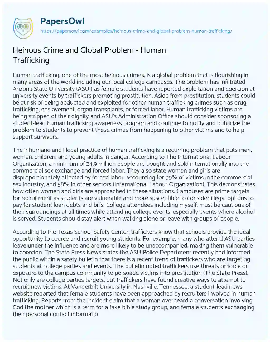 Essay on Heinous Crime and Global Problem – Human Trafficking