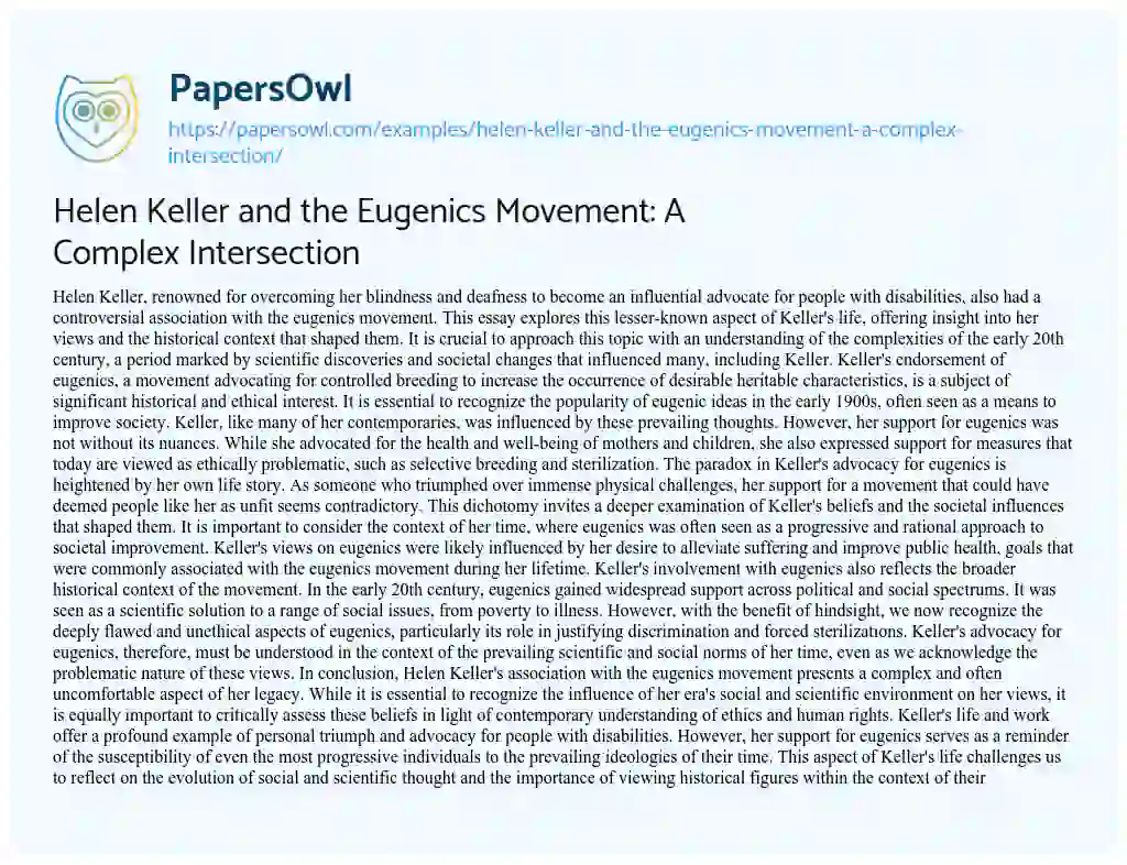 Essay on Helen Keller and the Eugenics Movement: a Complex Intersection