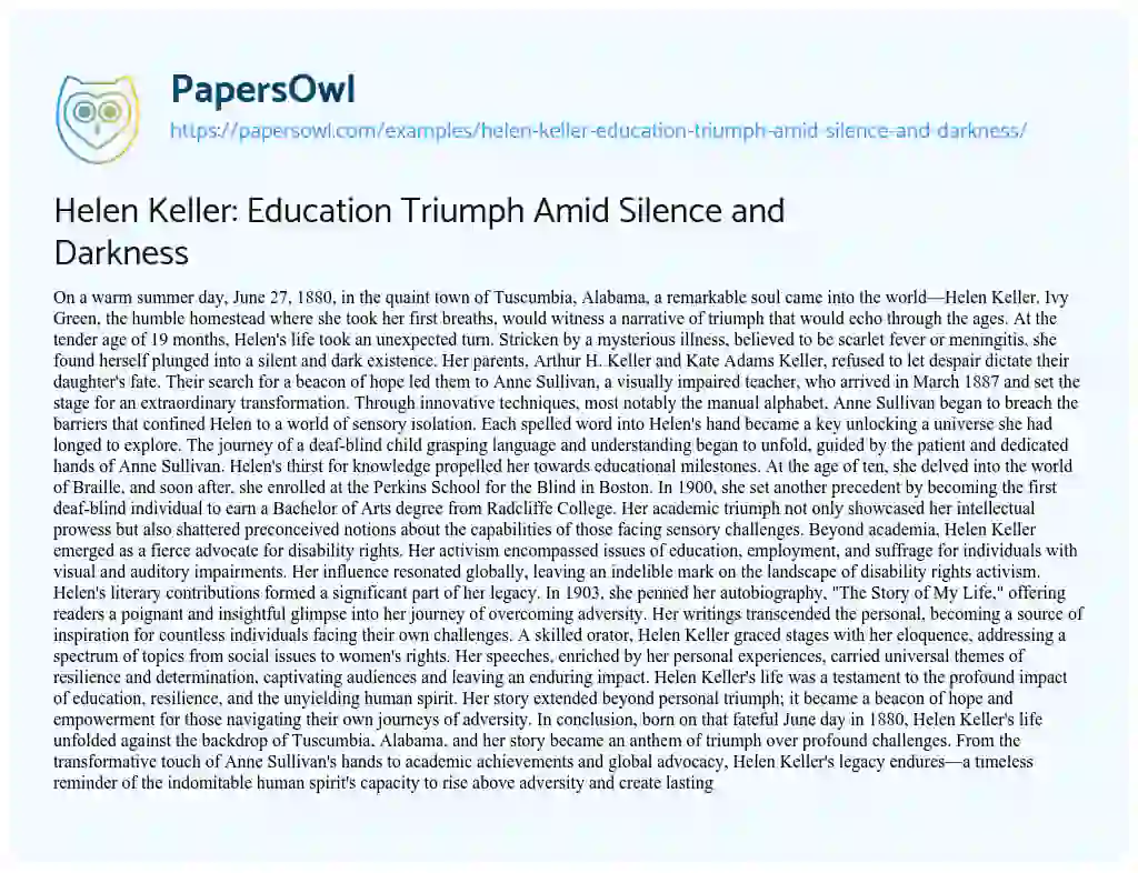 Essay on Helen Keller: Education Triumph Amid Silence and Darkness